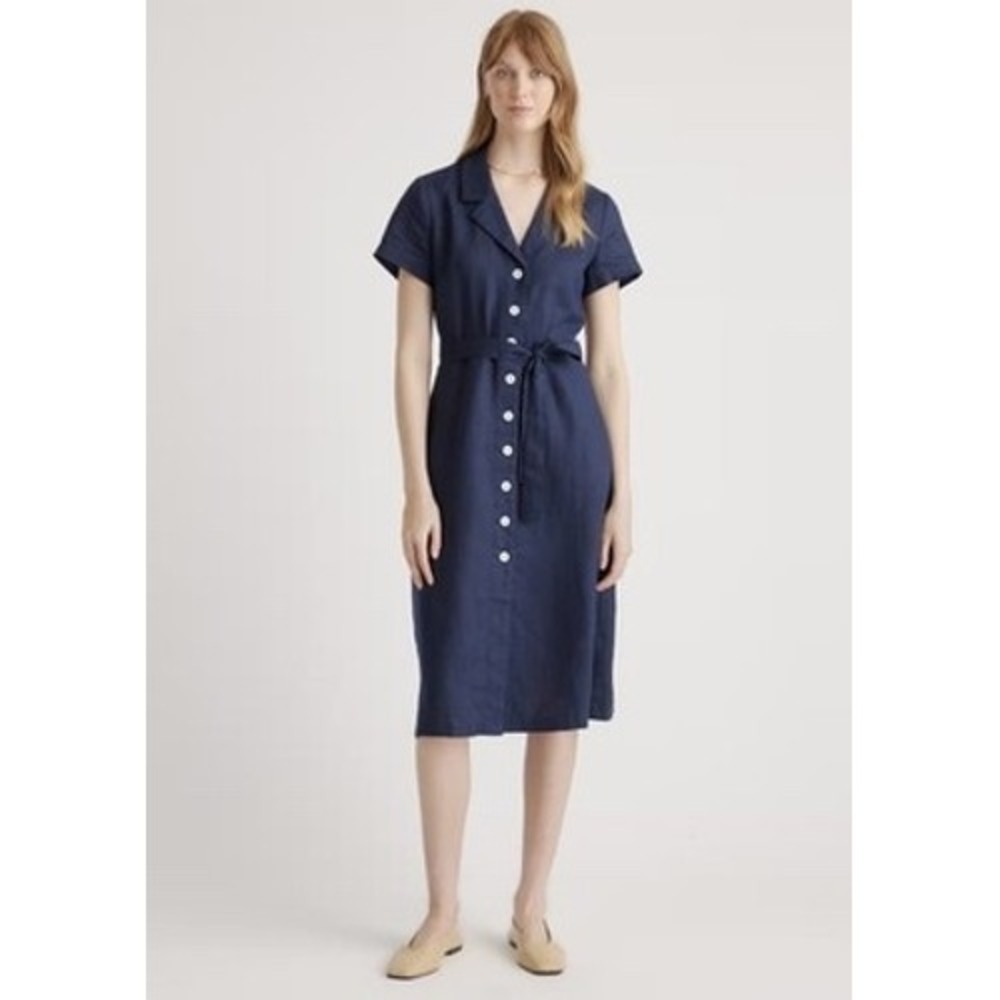 Quince 100% European Linen Button Front Dress M Deep Navy Belted Midi - Picture 2 of 10